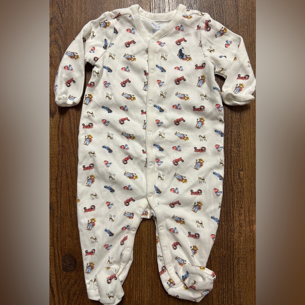 Ralph Lauren Cream Footed Pajamas with Red and Blue Car Print